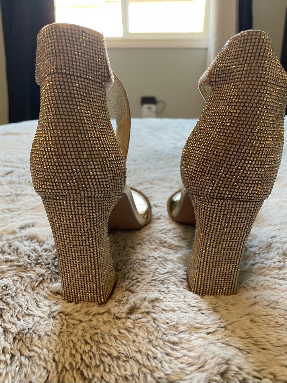 Wishbone Gold Rhinestone Ankle-Strap Block Heels - Picture 3 of 4